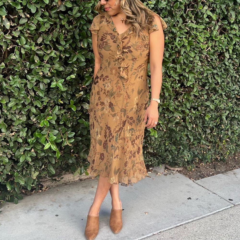 Charter Club Brown Floral Midi Dress 100% silk